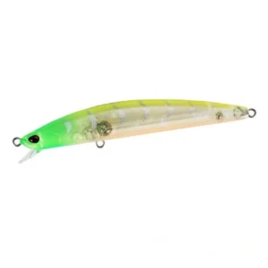 Duo Tide Minnow Sprat 100SF CEA0737 Lime Head Clear Gigo fishing lure, 100mm slow-floating minnow with lime head and transparent reflective body for inshore game fishing.