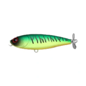 Lucky Craft Bevy Prop 55 Japan Matt Tiger topwater prop bait with rear propeller and bright green-yellow tiger stripe pattern.