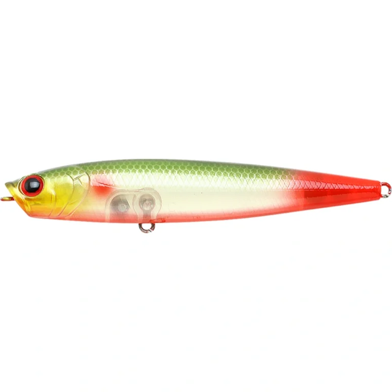 Lucky Craft Gunfish 95NF topwater lure in the Arari pattern with slim body, cupped mouth, and rear treble hook.