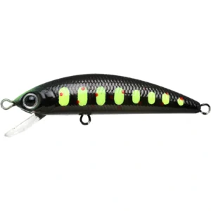 Lucky Craft Humpback Minnow 50S Chart Head Black Amago sinking minnow, compact trout lure with chartreuse head and lifelike black amago pattern.